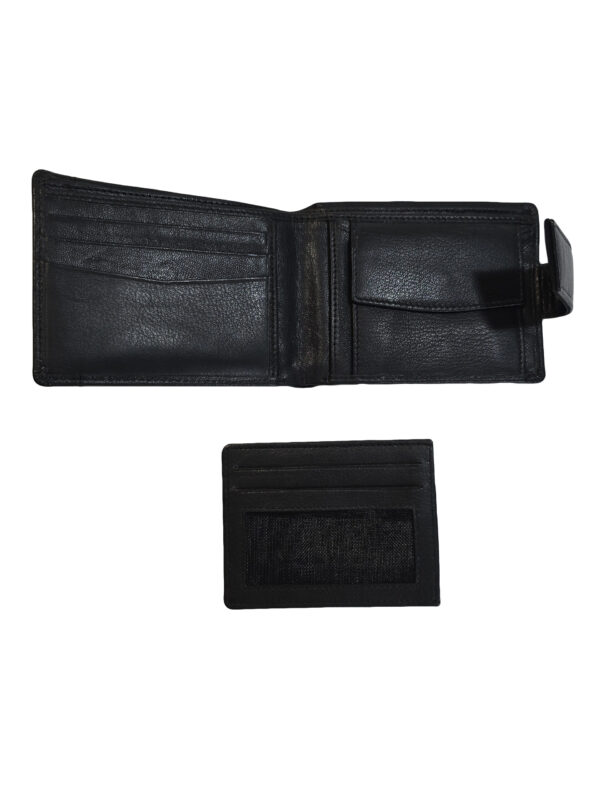 Портфейл Берг – черна естествена кожа със зърнеста текстура, каишка с тик-так