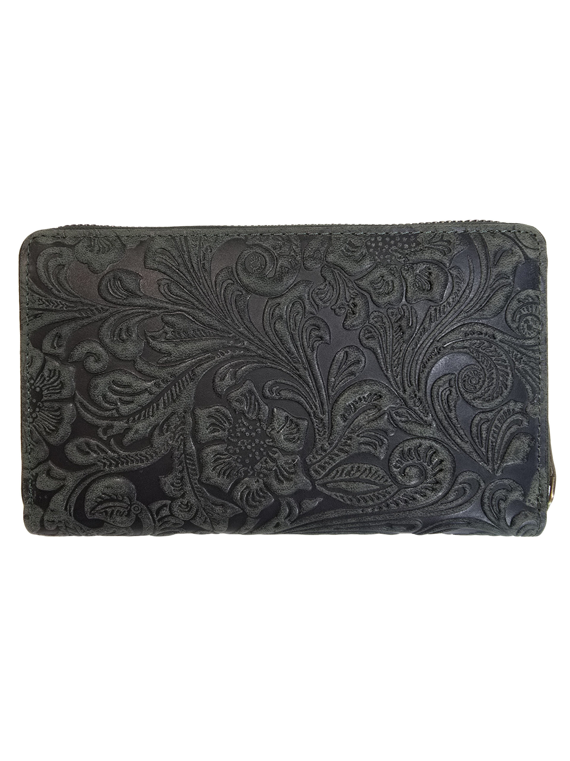 амско портмоне Галена – черна биволска кожа с релефен флорален орнамент
