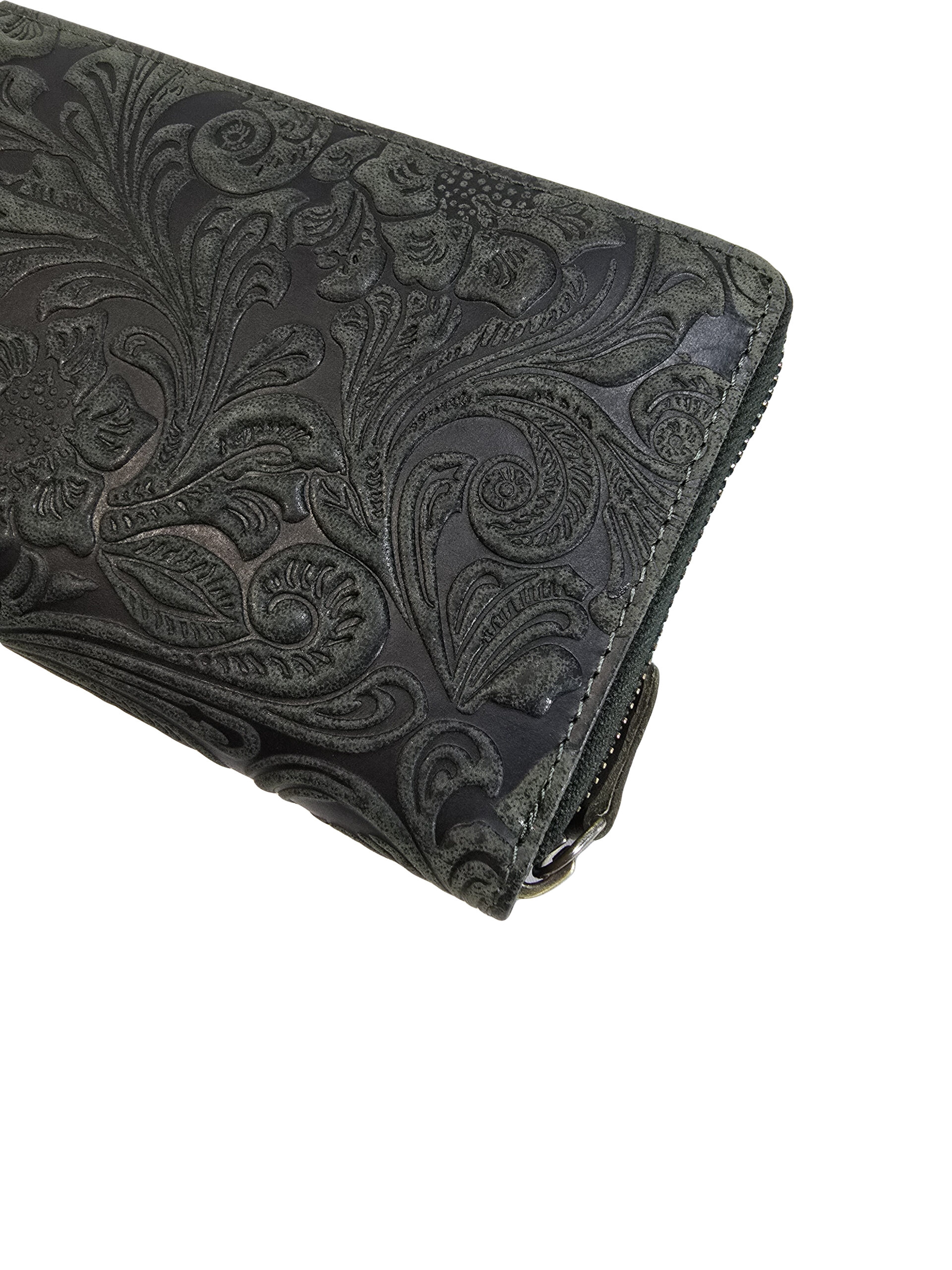 амско портмоне Галена – черна биволска кожа с релефен флорален орнамент