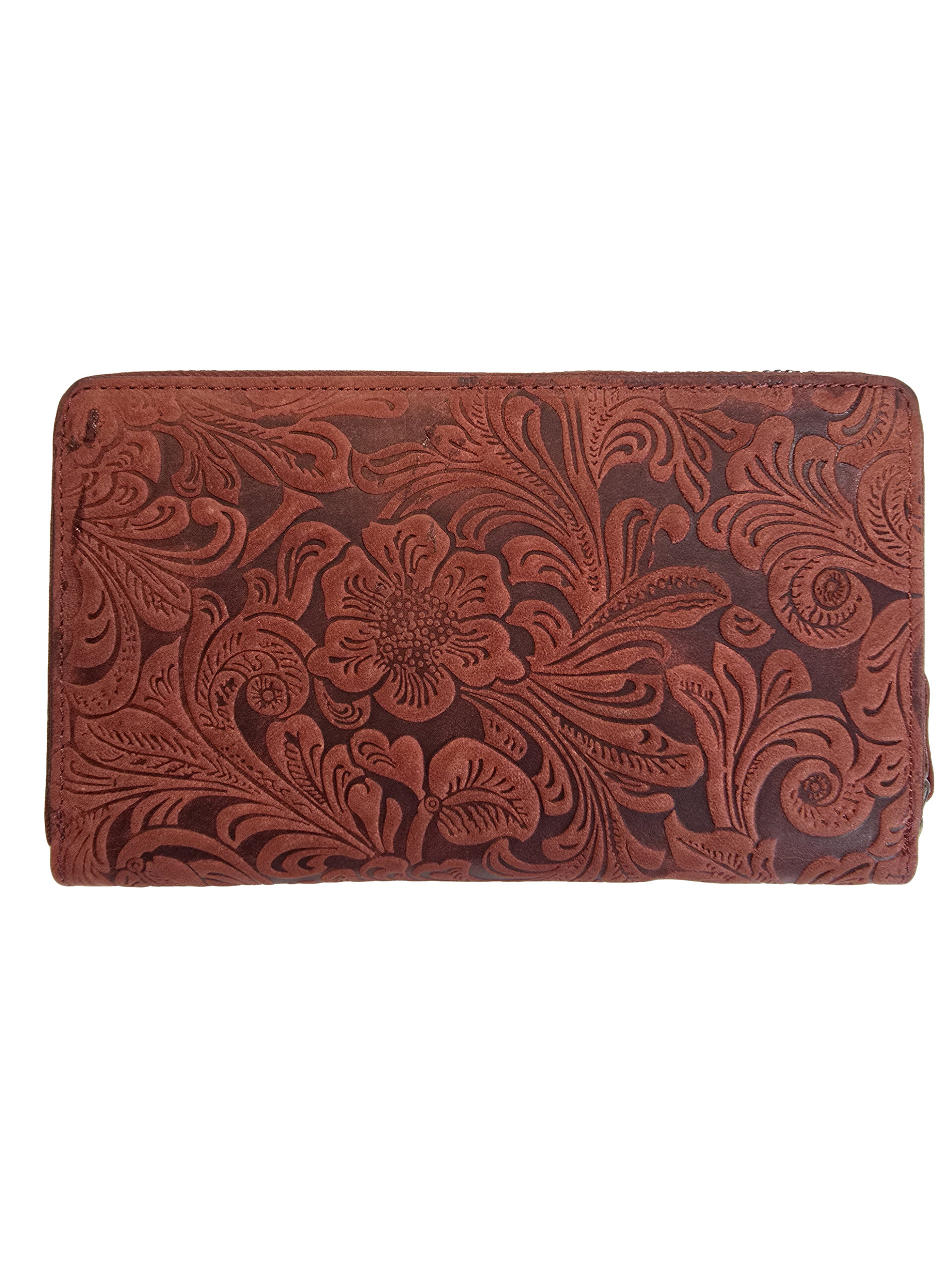 Дамско портмоне Галена – червена биволска кожа с релефен флорален орнамент