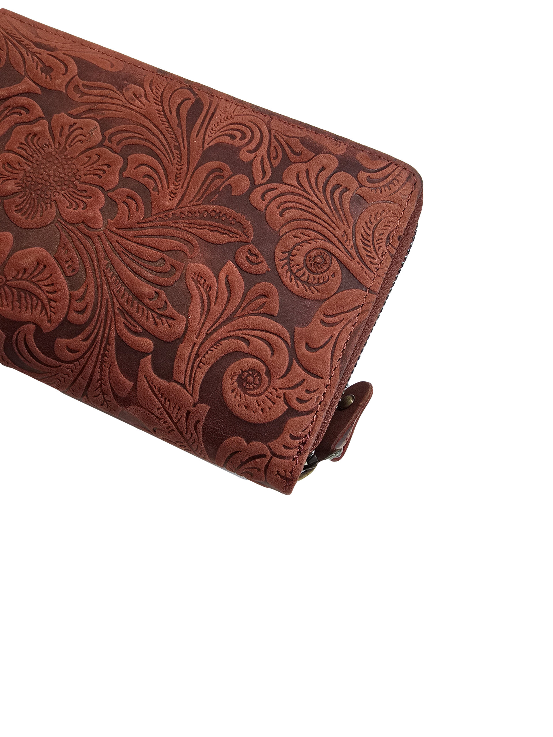 Дамско портмоне Галена – червена биволска кожа с релефен флорален орнамент