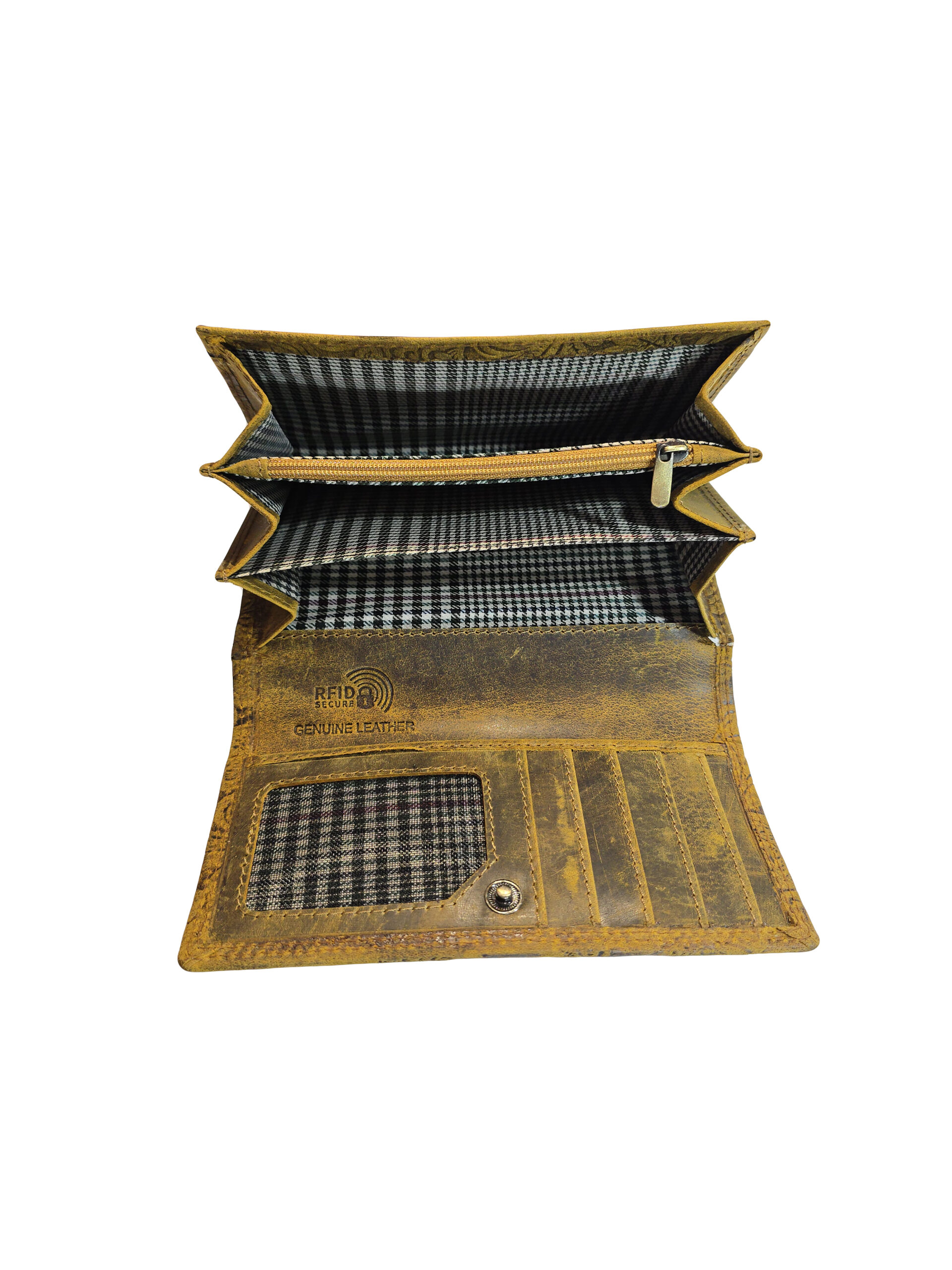 Дамско портмоне Кристина – жълта биволска кожа с релефен флорален мотив