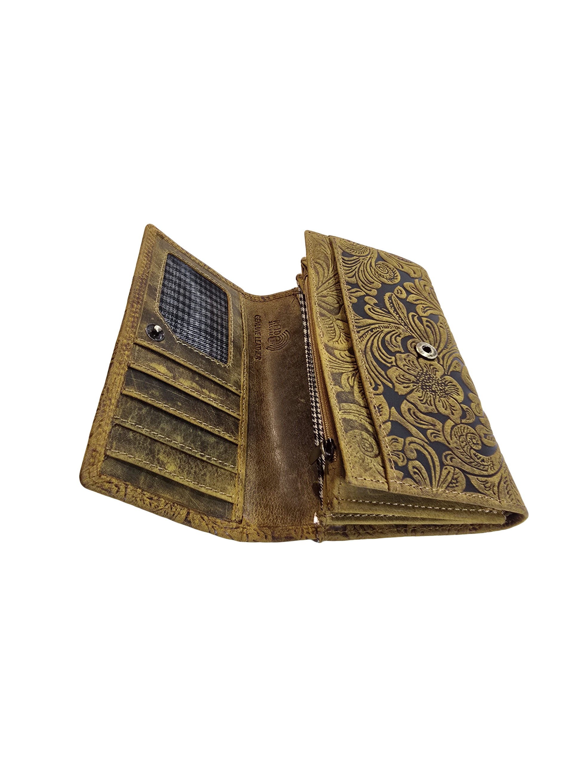 Дамско портмоне Кристина – жълта биволска кожа с релефен флорален мотив