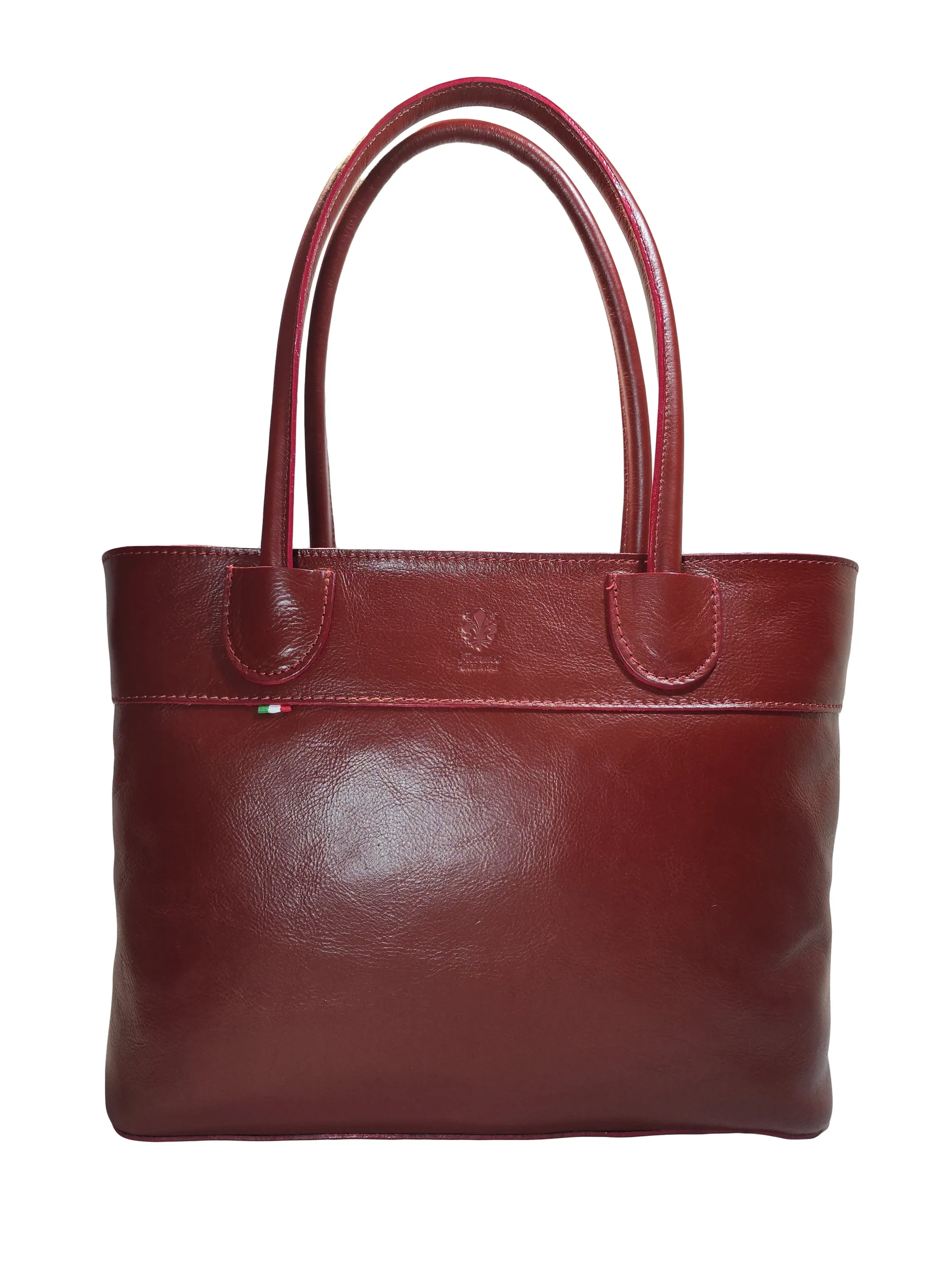 „Дамска чанта Вея – червена естествена кожа, изглед отпред с двойни дръжки“