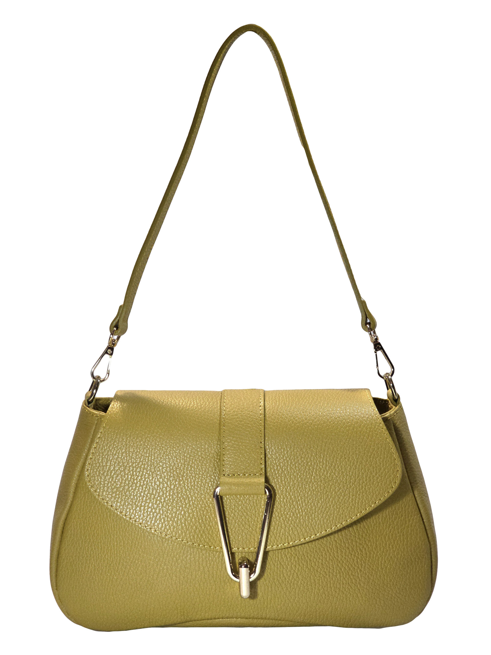 „Дамска чанта Евора – жълта зърнеста кожа с капак и къса презрамка, изглед отпред“