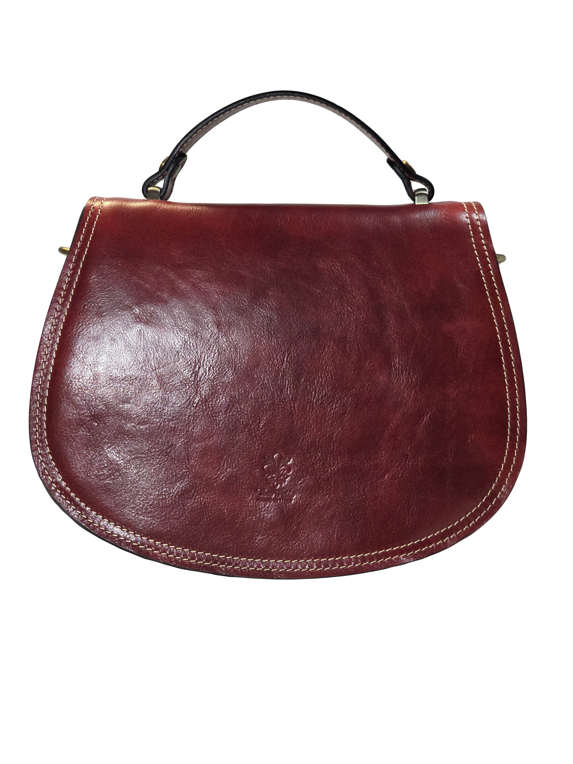 „Чанта Ферена – италианска кожена чанта, изглед отпред, гладка бордо кожа и контрастен шев“