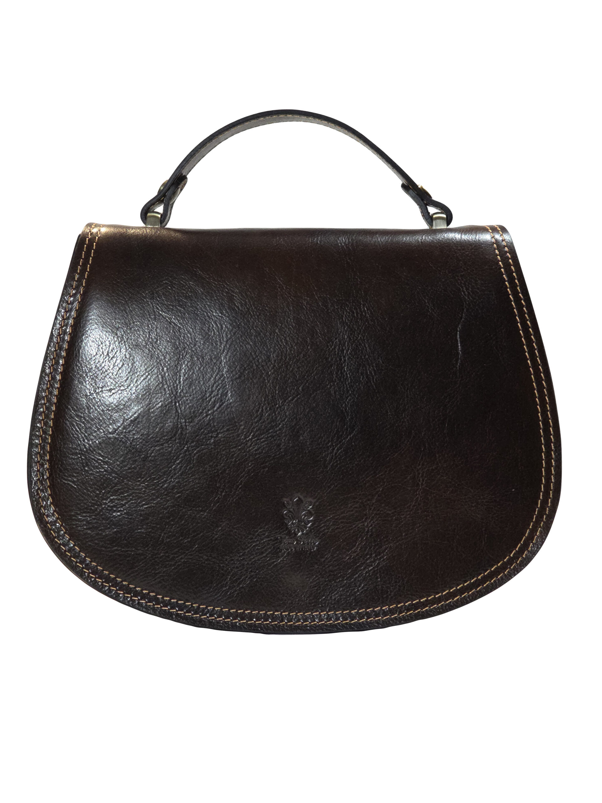 „Чанта Ферена – италианска кожена чанта, изглед отпред, гладка кафява кожа и контрастен шев“