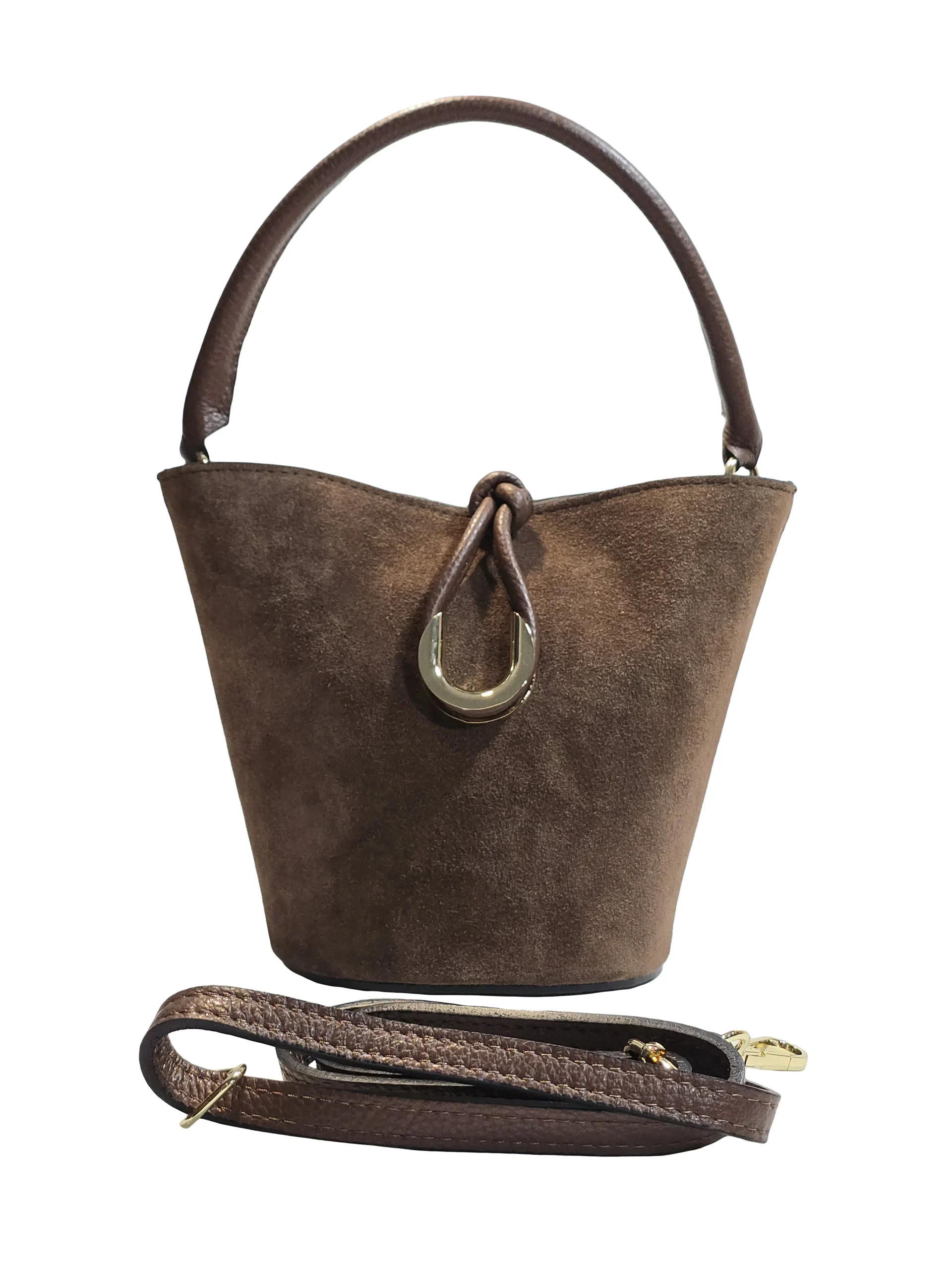 „Дамска чанта Венета – bucket силует от естествен велур, горна дръжка и дълга презрамка, изглед отпред“