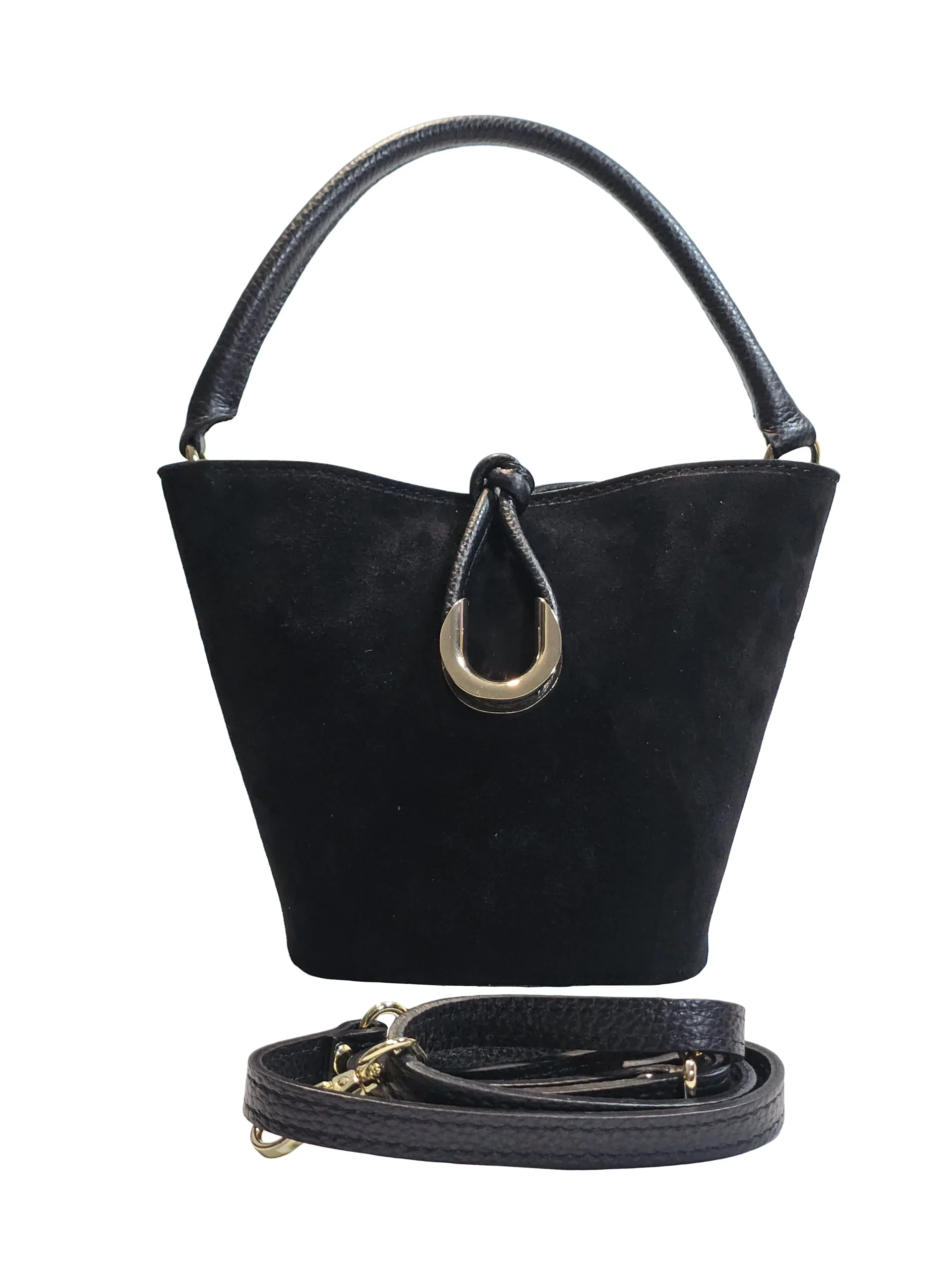 „Дамска чанта Венета – bucket силует от естествен велур, горна дръжка и дълга презрамка, изглед отпред“