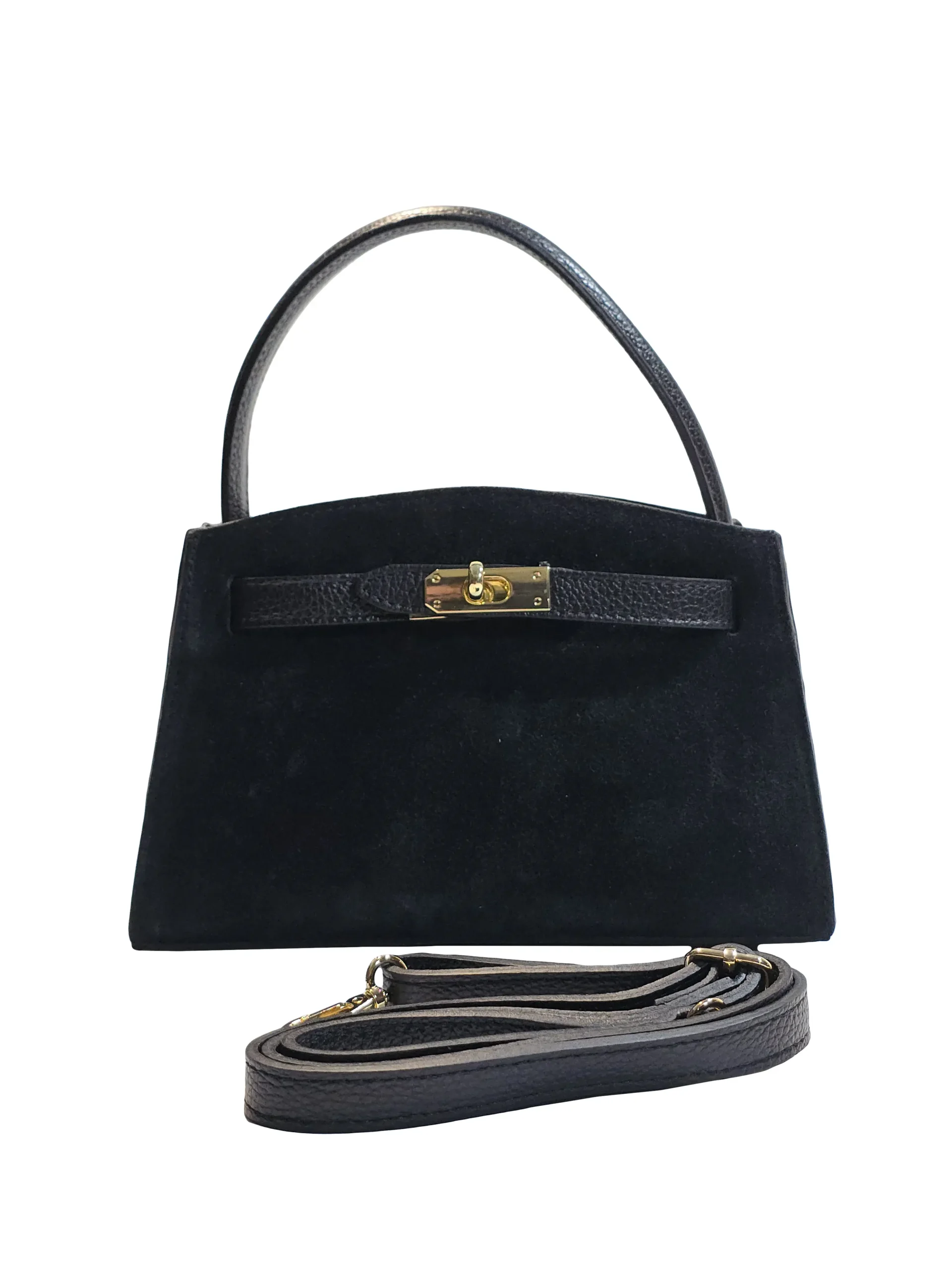 „Дамска чанта Аристия – велурено тяло с горна дръжка и дълга презрамка, изглед отпред“