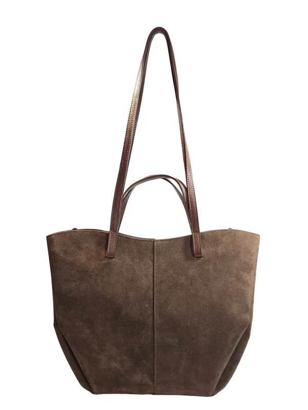 „Дамска чанта Росена – tote от естествен велур и кожа с дълги презрамки, изглед отпред“