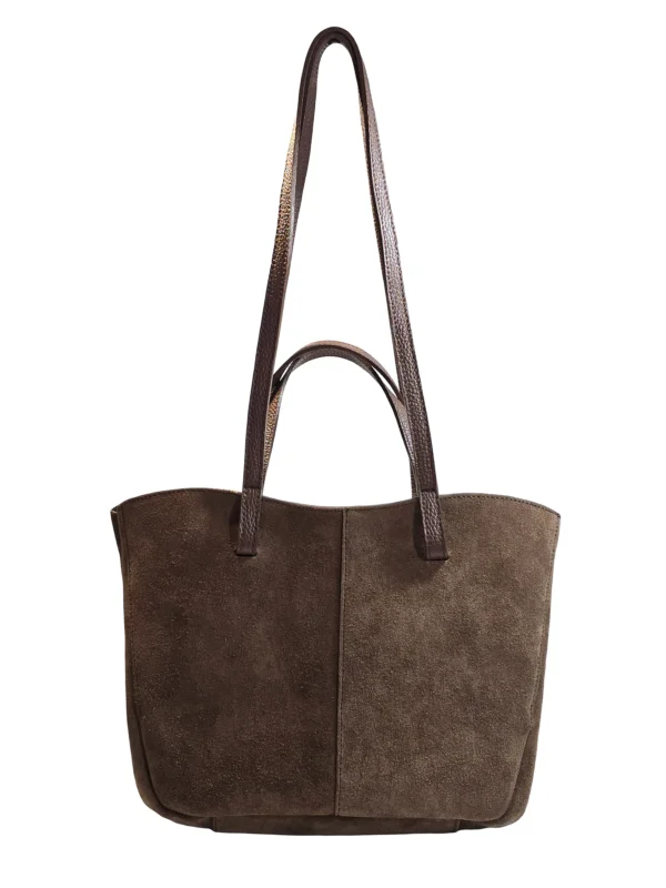 „Дамска чанта Люляна – tote от естествен велур и кожа с дълги презрамки, изглед отпред“