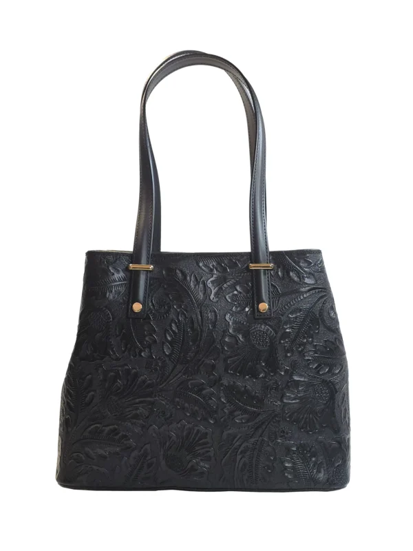 „Дамска чанта Зоря – tote от естествена кожа с релефен флорален мотив и дълги презрамки, изглед отпред“