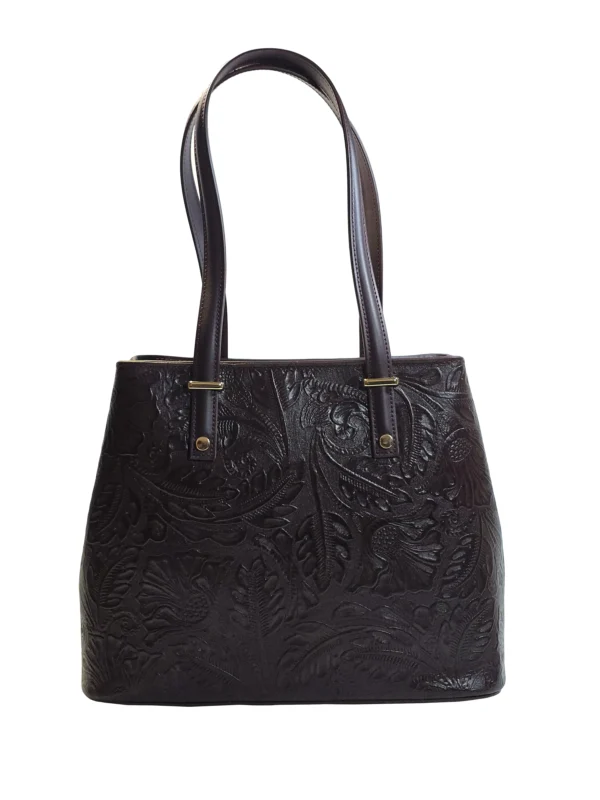„Дамска чанта Зоря – tote от естествена кожа с релефен флорален мотив и дълги презрамки, изглед отпред“