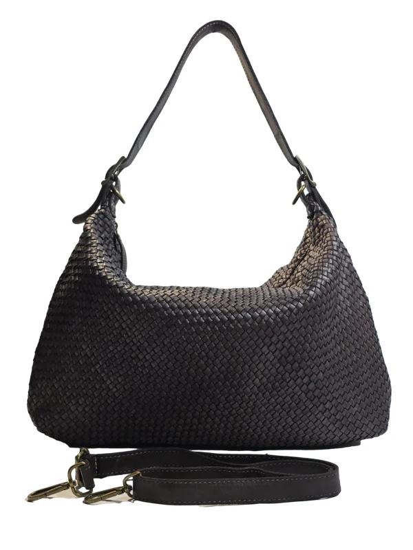 „Дамска чанта Бела – плетена естествена кожа, регулируеми презрамки и сваляема дълга презрамка, изглед отпред“