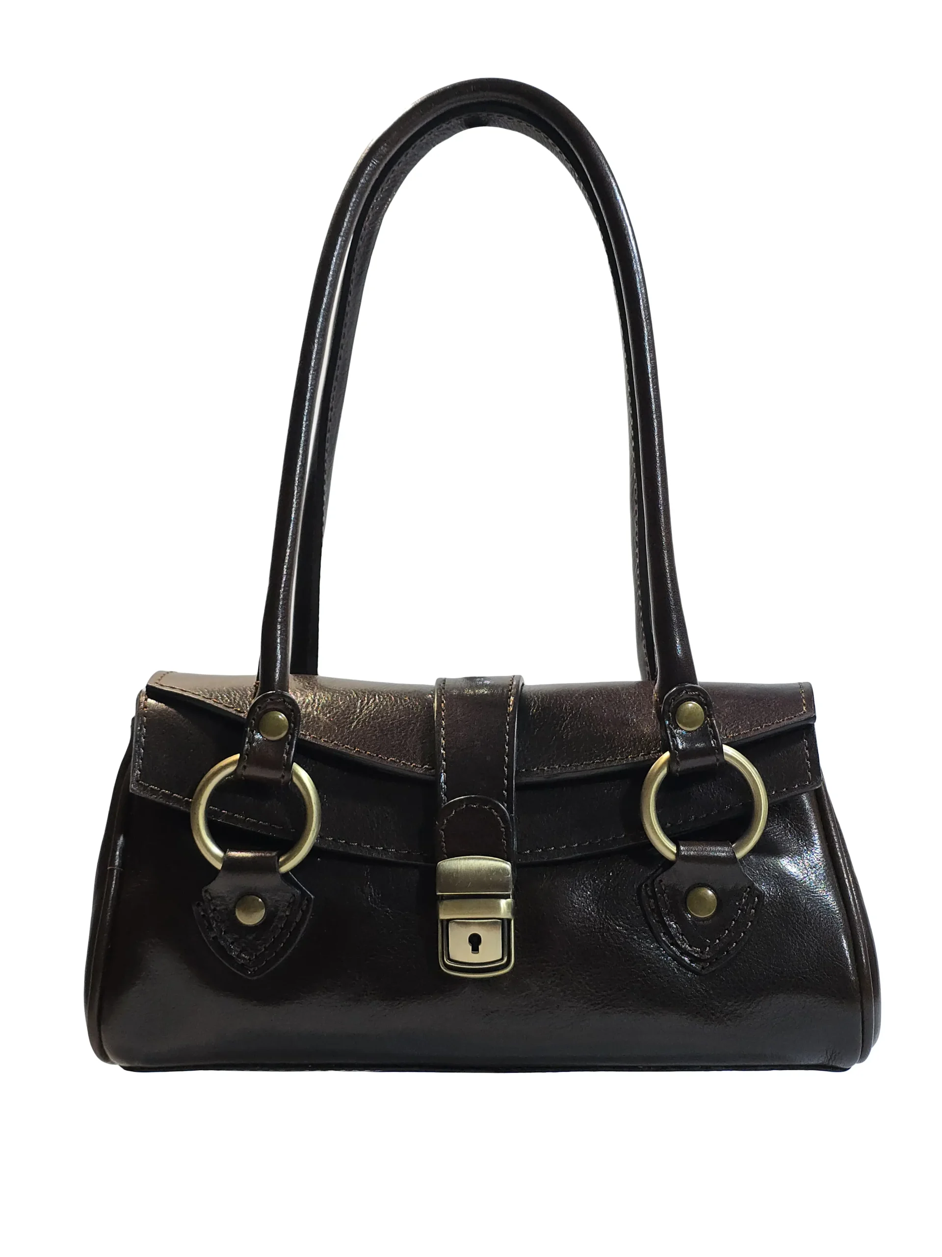 „Дамска чанта Мелора – кожена чанта с капак, дълги презрамки и месингов обков, изглед отпред“