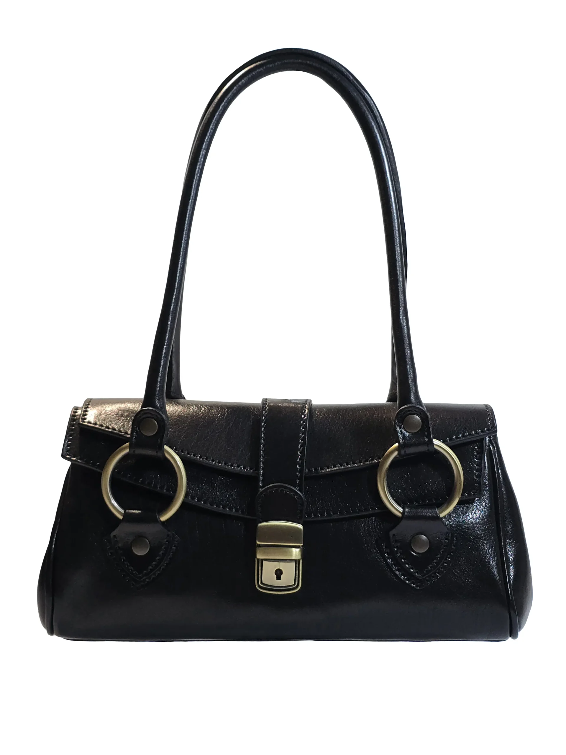 „Дамска чанта Мелора – кожена чанта с капак, дълги презрамки и месингов обков, изглед отпред“