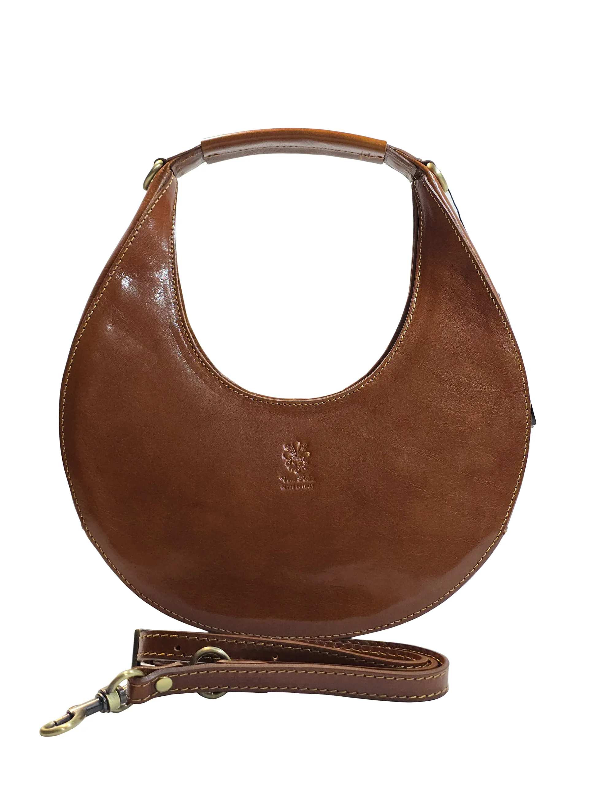 „Дамска чанта Славея – кожена чанта тип полумесец с къса дръжка, изглед отпред“