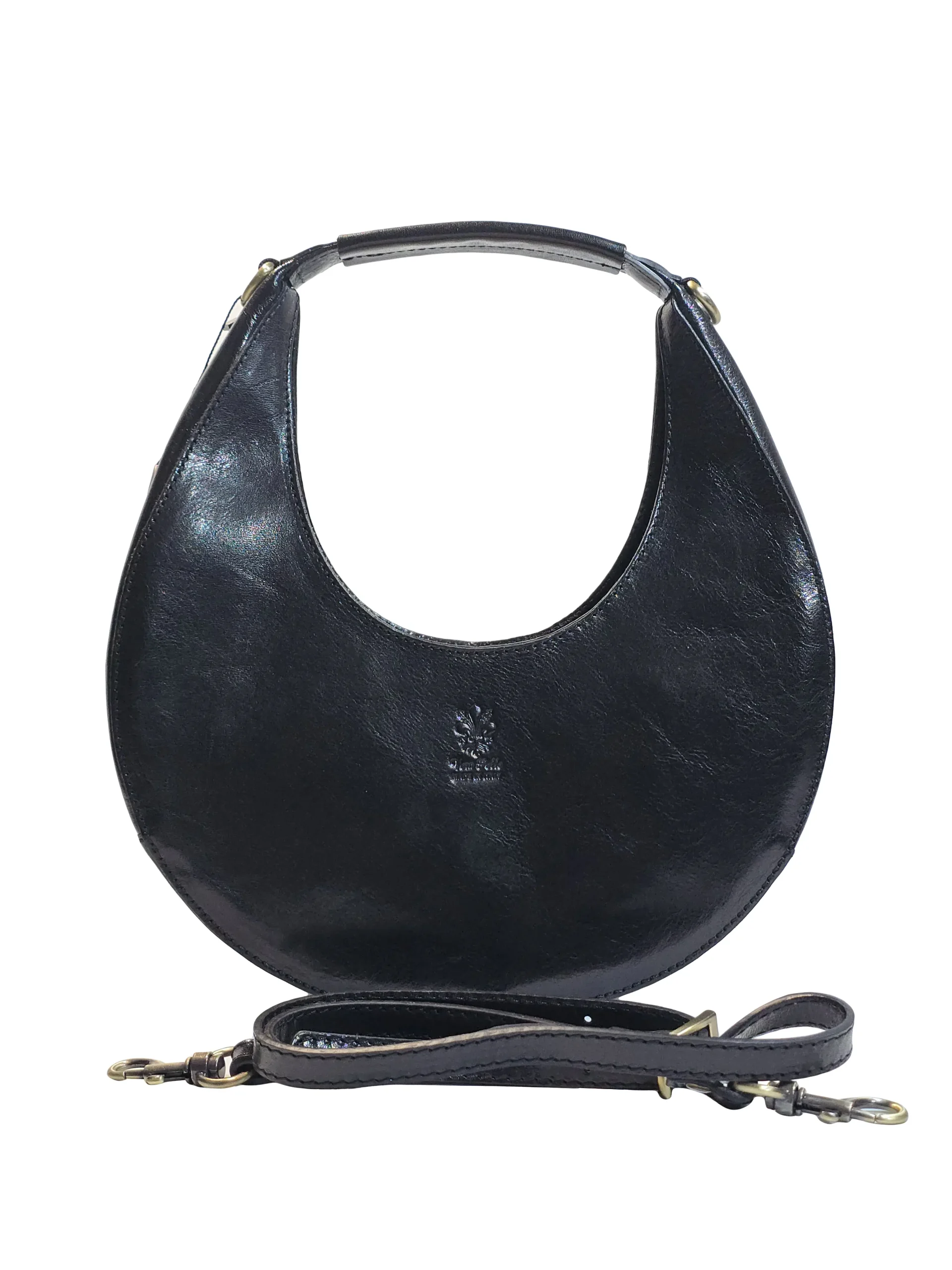 „Дамска чанта Славея – кожена чанта тип полумесец с къса дръжка, изглед отпред“