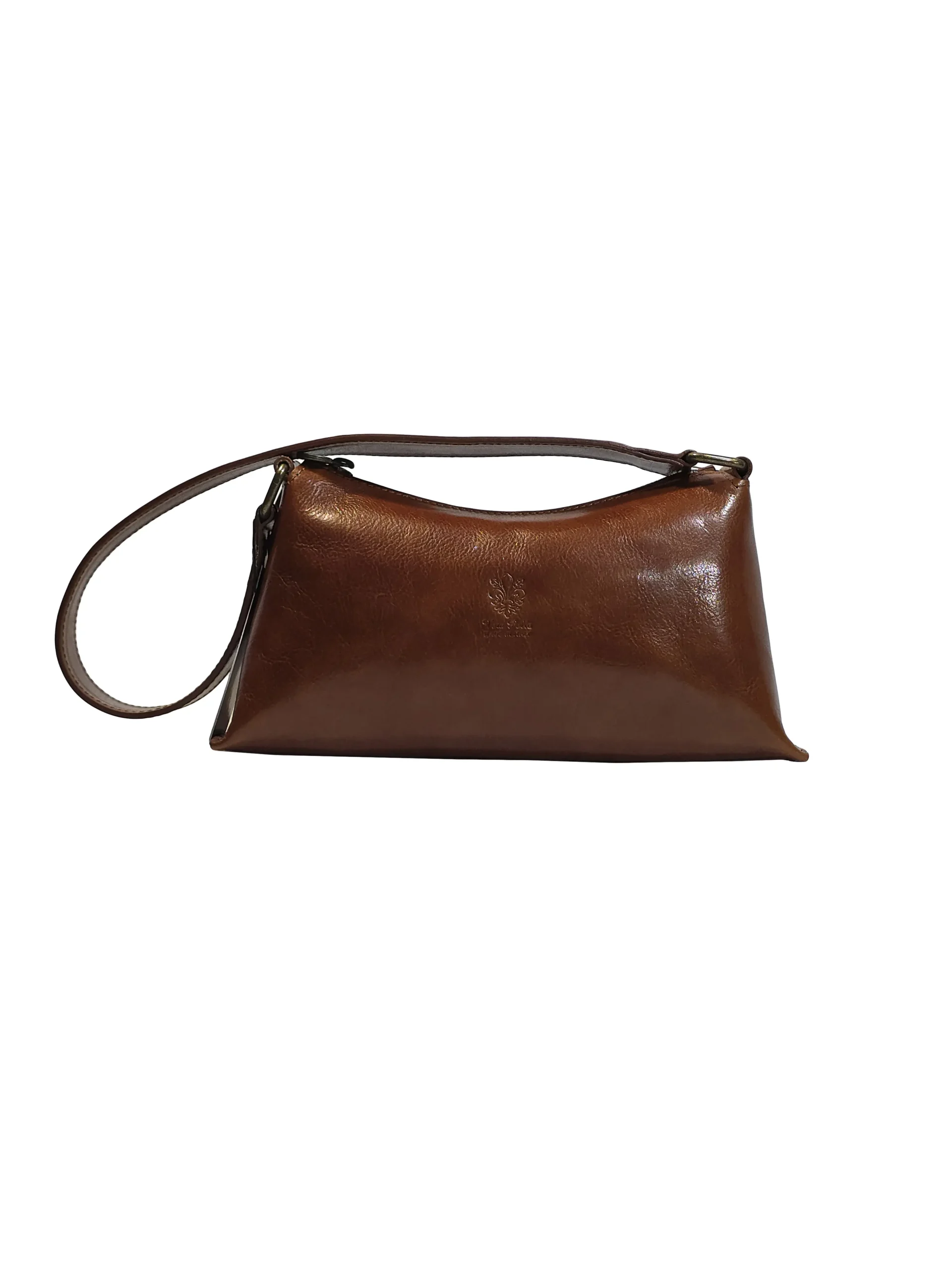 „Дамска чанта Дея – кожена baguette чанта с къса презрамка и цип, изглед отпред“