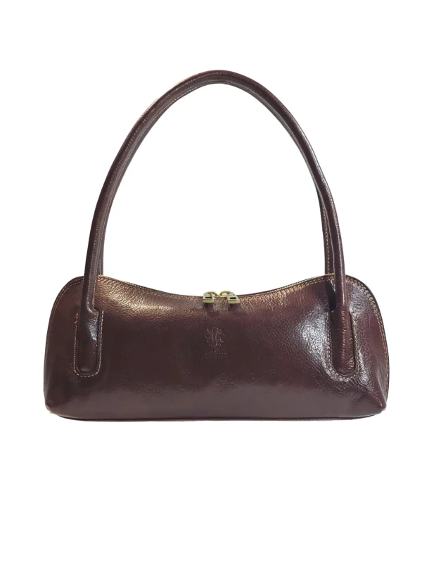 „Дамска чанта Вела – италианска чанта от естествена кожа с дълги презрамки и цип, изглед отпред“