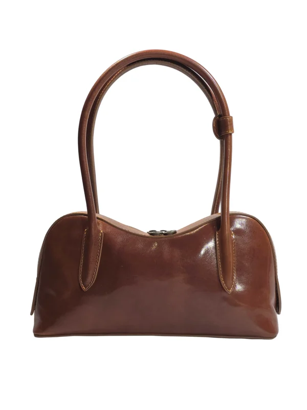 „Дамска чанта Ружа – италианска чанта от естествена кожа с дълги презрамки и двоен цип, изглед отпред“