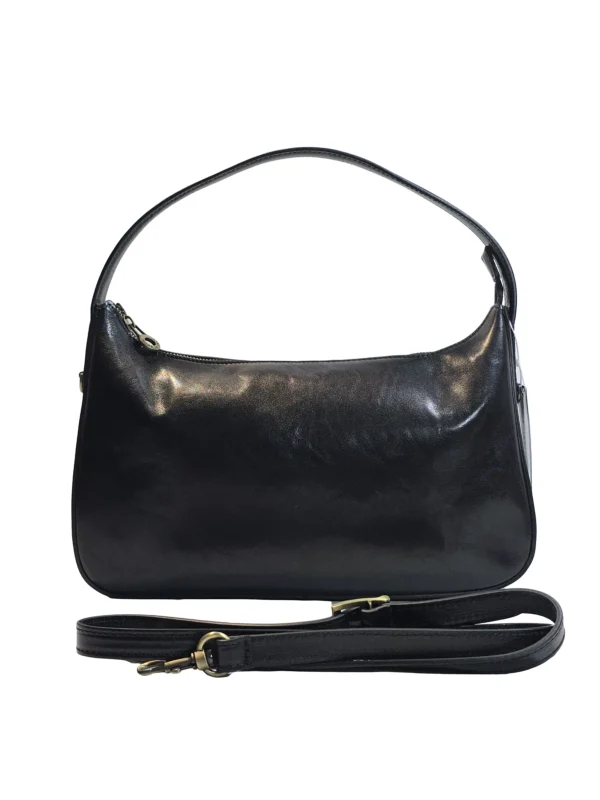 „Дамска чанта Мира – кожена baguette чанта с цип и дълга презрамка, изглед отпред“