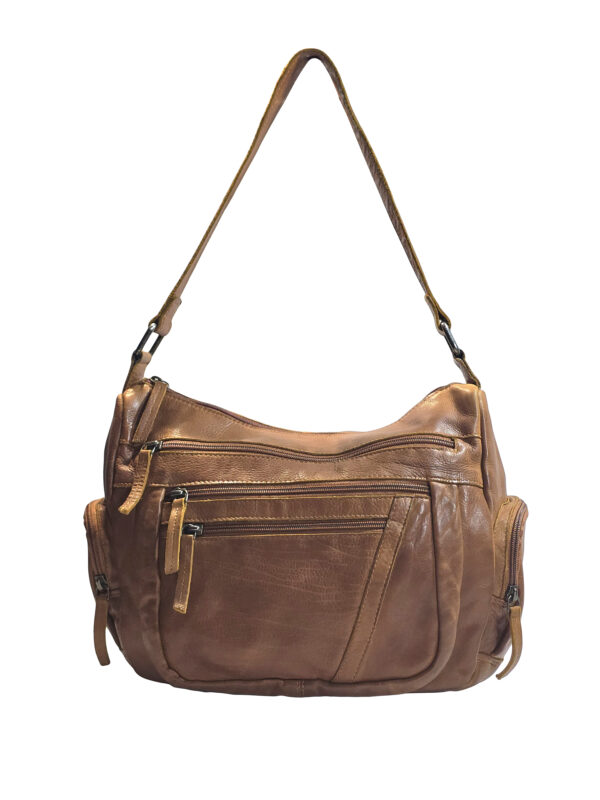 „Дамска чанта Рада – модел от естествена варена кожа с регулируема презрамка и предни джобове с цип, изглед отпред“