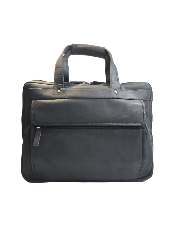 „Бизнес чанта Аргон – чанта за лаптоп от естествена варена кожа с преден джоб с капак и цип, изглед отпред“