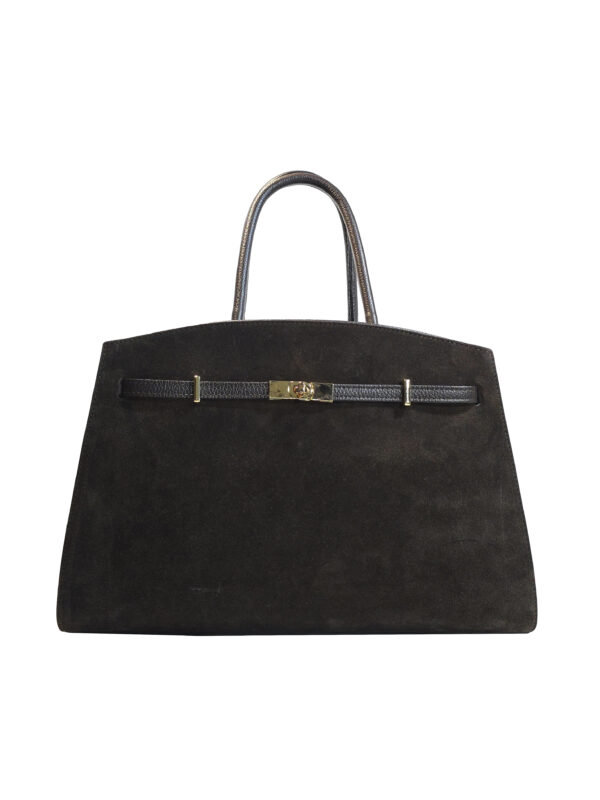 „Дамска чанта Виолета – структуриран велурен корпус с кожени дръжки и метален обков, изглед отпред“