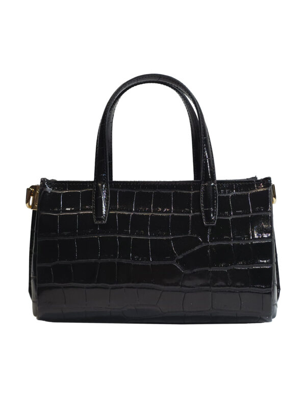 „Дамска чанта Амалия – компактна структурирана форма от естествена кожа с релеф и къси дръжки, изглед отпред“