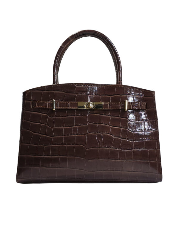 „Дамска чанта Валентина – структурирана форма от естествена кожа с релеф, къси дръжки и метален обков, изглед отпред“