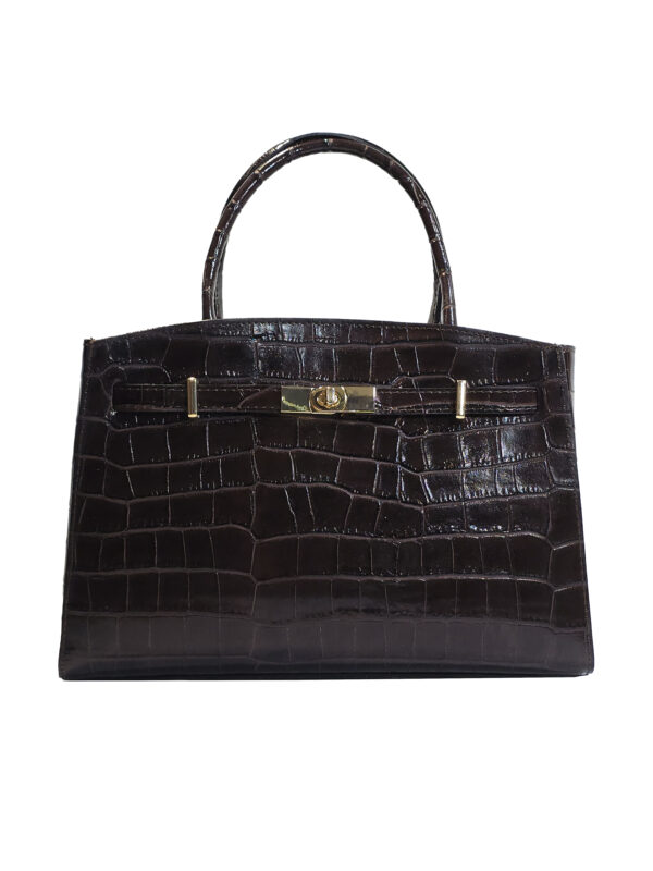 „Дамска чанта Валентина – структурирана форма от естествена кожа с релеф, къси дръжки и метален обков, изглед отпред“