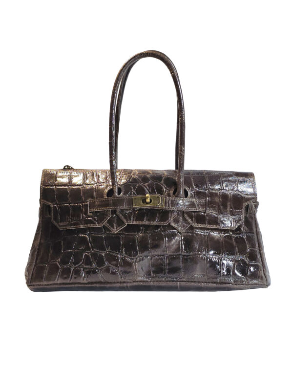 „Дамска чанта Аурелия – италианска чанта от естествена кожа с релеф, капак с закопчалка и дръжки, изглед отпред“