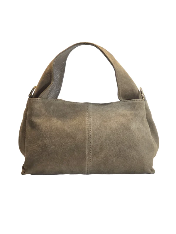 „Дамска чанта Дея – велурен силует с къса дръжка и странични халки с обков, изглед отстрани“