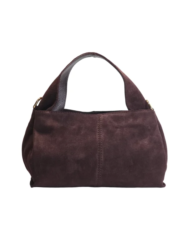 „Дамска чанта Дея – велурен силует с къса дръжка и странични халки с обков, изглед отстрани“